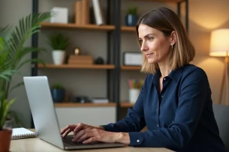 Femme professionnelle se connectant à un extranet d'entreprise depuis son bureau à domicile