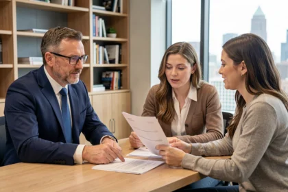 Conseiller financier indépendant CIF expliquant des documents de conseil objectif à un couple de clients dans un bureau moderne