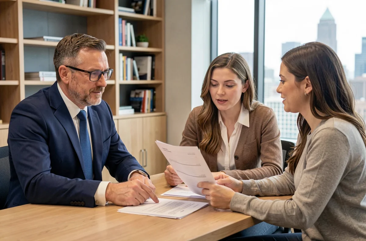 Conseiller financier indépendant CIF expliquant des documents de conseil objectif à un couple de clients dans un bureau moderne
