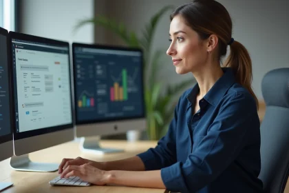 Conseillère relation client utilisant une interface de livechat assistée par intelligence artificielle dans un bureau moderne