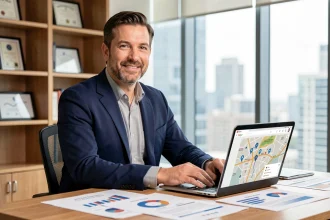 Consultant GEO Adrien Beaujeu analysant des données de visibilité locale sur son ordinateur portable dans un bureau moderne
