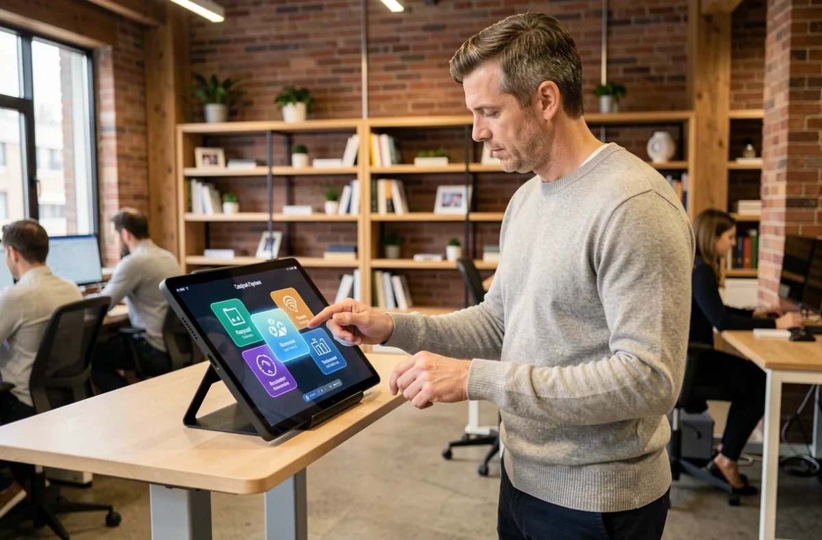Consultant RH utilisant une tablette pour accéder à une plateforme RH tout-en-un regroupant recrutement, paie et performance