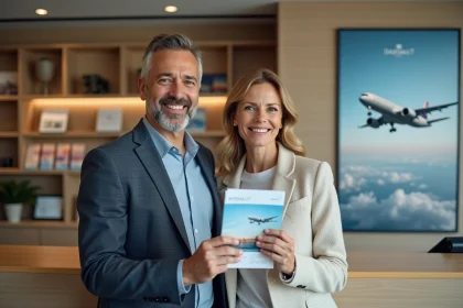 Couple souriant en r&eacute;ception avec brochures voyage