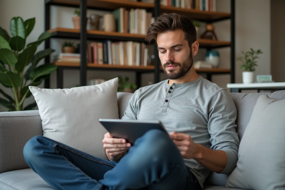 Créateur de contenu masculin consultant une plateforme de monétisation digitale sur tablette dans un bureau à domicile