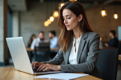 Créatrice d'entreprise analysant une plateforme de mise en relation professionnelle sur son ordinateur dans un espace de coworking moderne