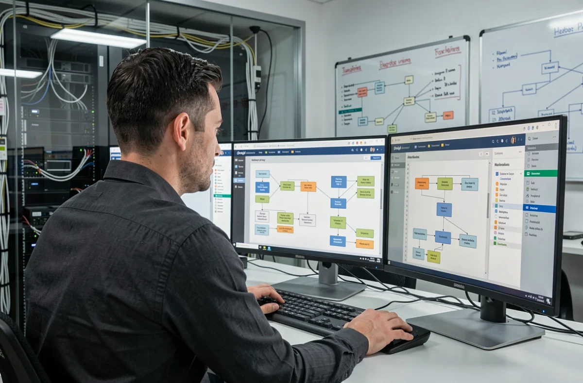 Ingénieur data travaillant sur des schémas d'intégration de données et une architecture de site complexe