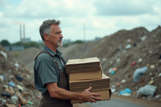 Homme en overalls près d'une décharge avec cartons aplatis