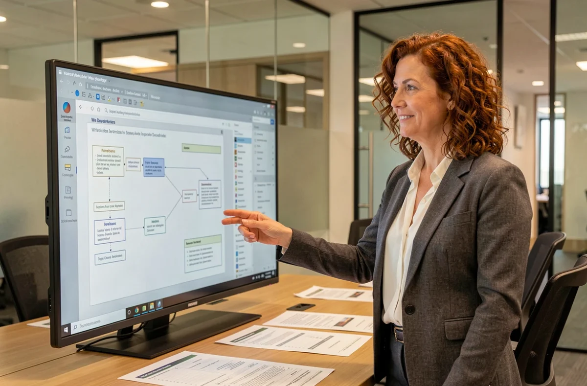Développeuse web présentant des wireframes de solutions sur mesure dans une salle de réunion moderne