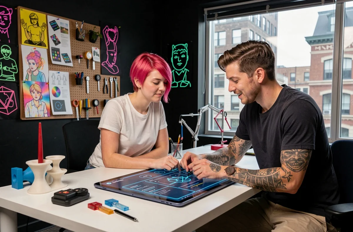 Équipe créative explorant un prototype d'expérience digitale innovante dans un studio de design à Bordeaux