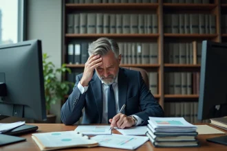 Dirigeant d'entreprise face à la complexité administrative d'une holding, entouré de documents financiers et juridiques sur son bureau