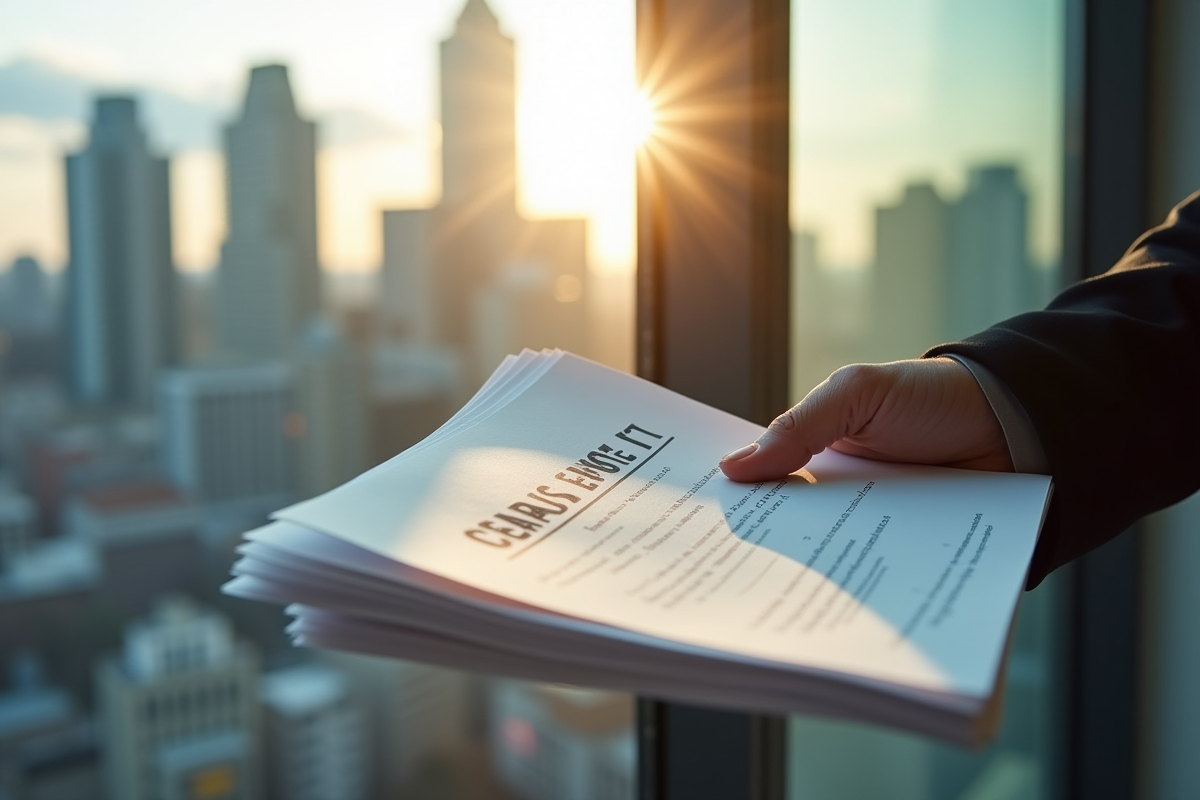 Main tenant des documents officiels estampilles Loi 31 avec vue sur Montreal en arrière-plan