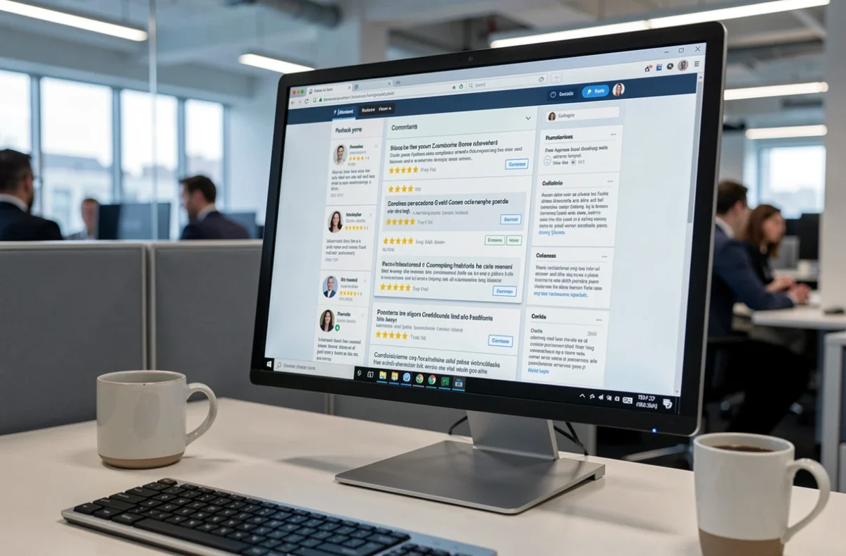 Écran d'ordinateur affichant des avis clients négatifs et des plaintes sur un forum en ligne