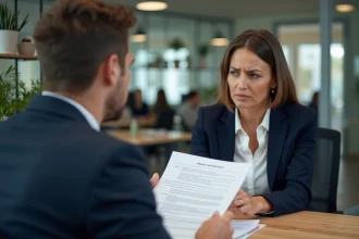 Employée en fin de CDD discutant de son contrat avec un responsable RH dans un bureau moderne, illustrant la transition CDD vers CDI
