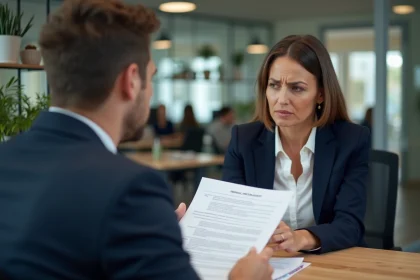 Employée en fin de CDD discutant de son contrat avec un responsable RH dans un bureau moderne, illustrant la transition CDD vers CDI