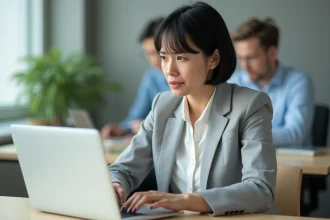 Employée frustrée tentant de se connecter à l'espace salarié deskre sur son ordinateur portable au bureau