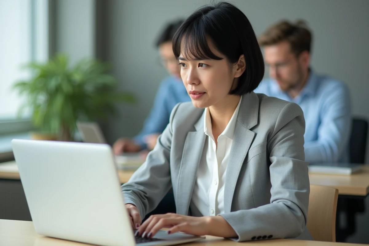 Employée frustrée tentant de se connecter à l'espace salarié deskre sur son ordinateur portable au bureau