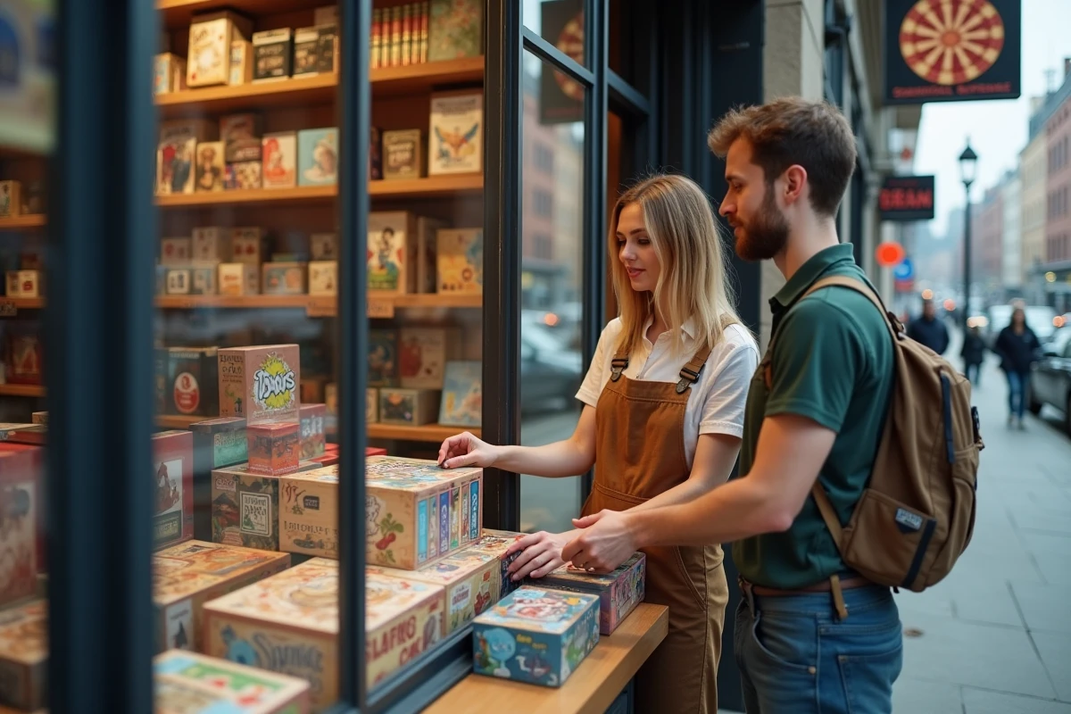 Deux employés d'une boutique de jeux installant une vitrine promotionnelle avant l'ouverture officielle du point de vente