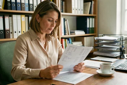 Enseignante de l'Éducation Nationale analysant ses fiches de paie sur un bureau administratif