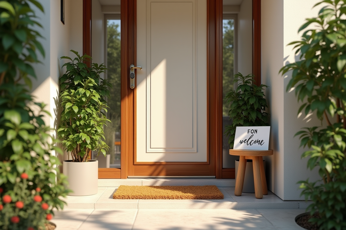 Entrée moderne d'une maison lumineuse avec tapis et plantes