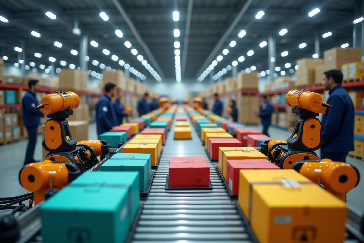 Entrepot animé avec robots triant des colis colorés