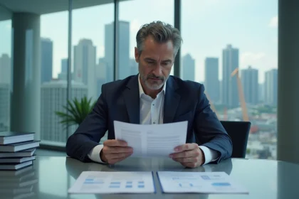 Entrepreneur en costume marine analysant le mémorandum industriel dans un bureau moderne avec vue sur la ville