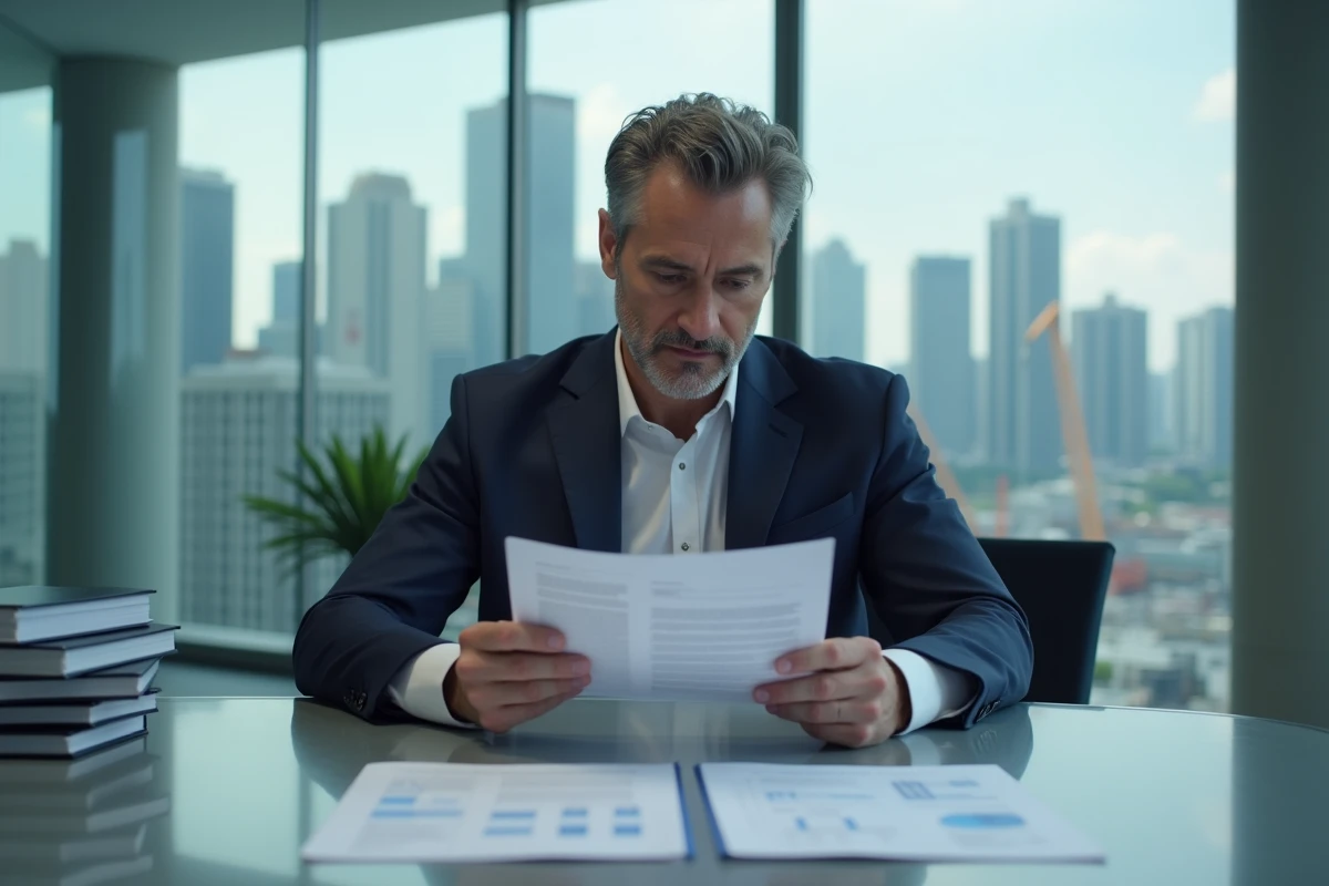 Entrepreneur en costume marine analysant le mémorandum industriel dans un bureau moderne avec vue sur la ville