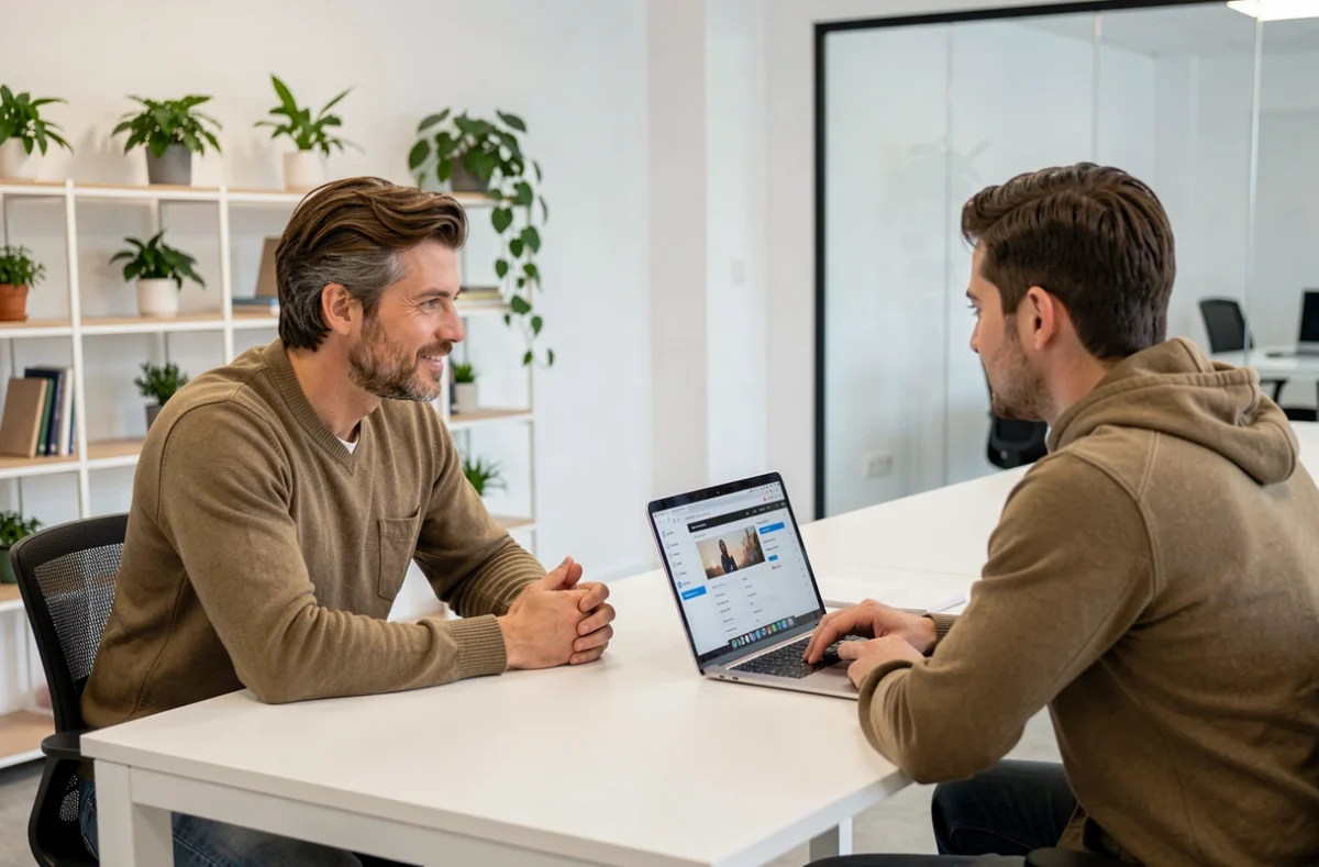 Entrepreneur consultant avec un développeur web autour d'un ordinateur portable dans un espace de coworking