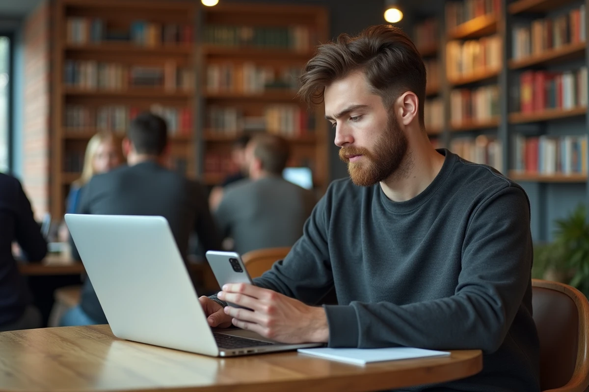 Entrepreneur consultant les résultats Google sur son téléphone concernant l'agence GEO Astrak dans un espace de coworking urbain