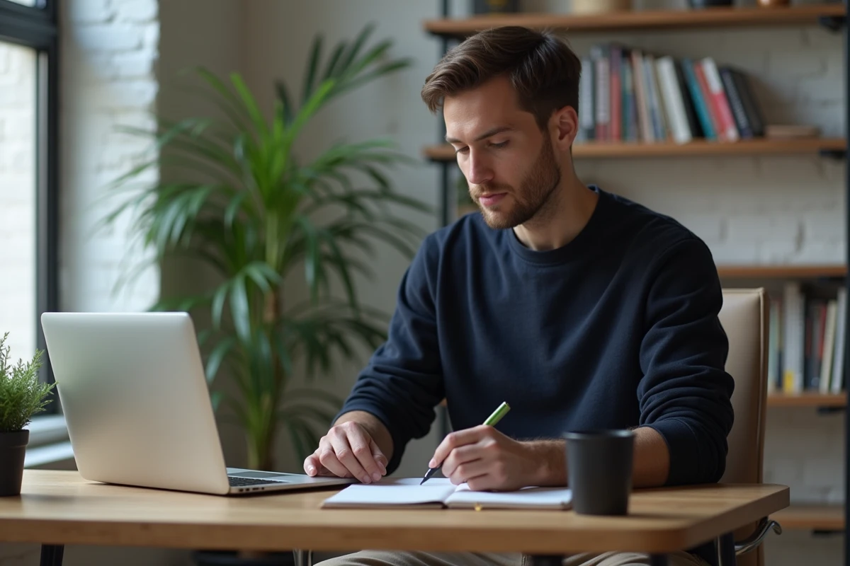 Entrepreneur solo concentré sur ses notes dans un bureau minimaliste, illustrant la gestion d'un business rentable sans équipe