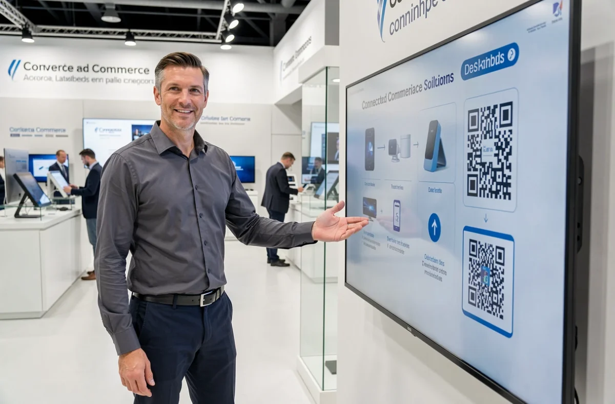 Entrepreneur présentant une solution de commerce connecté lors d'un salon professionnel du retail digital