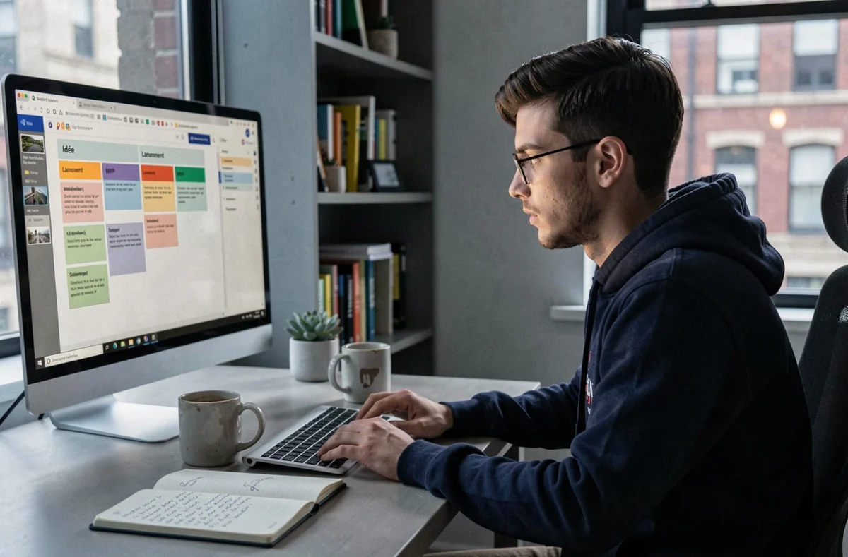 Jeune entrepreneur travaillant seul sur son MVP devant un tableau kanban numérique dans un bureau à domicile