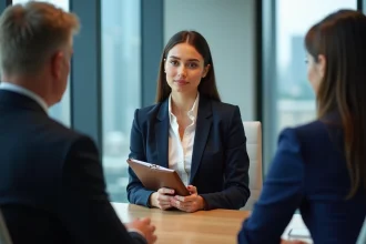 Jeune femme en entretien d'embauche dans un cabinet d'audit Big 4, face à des recruteurs professionnels dans une salle de conférence moderne