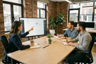 Équipe d'une agence web en réunion autour de wireframes sur écran dans un bureau moderne