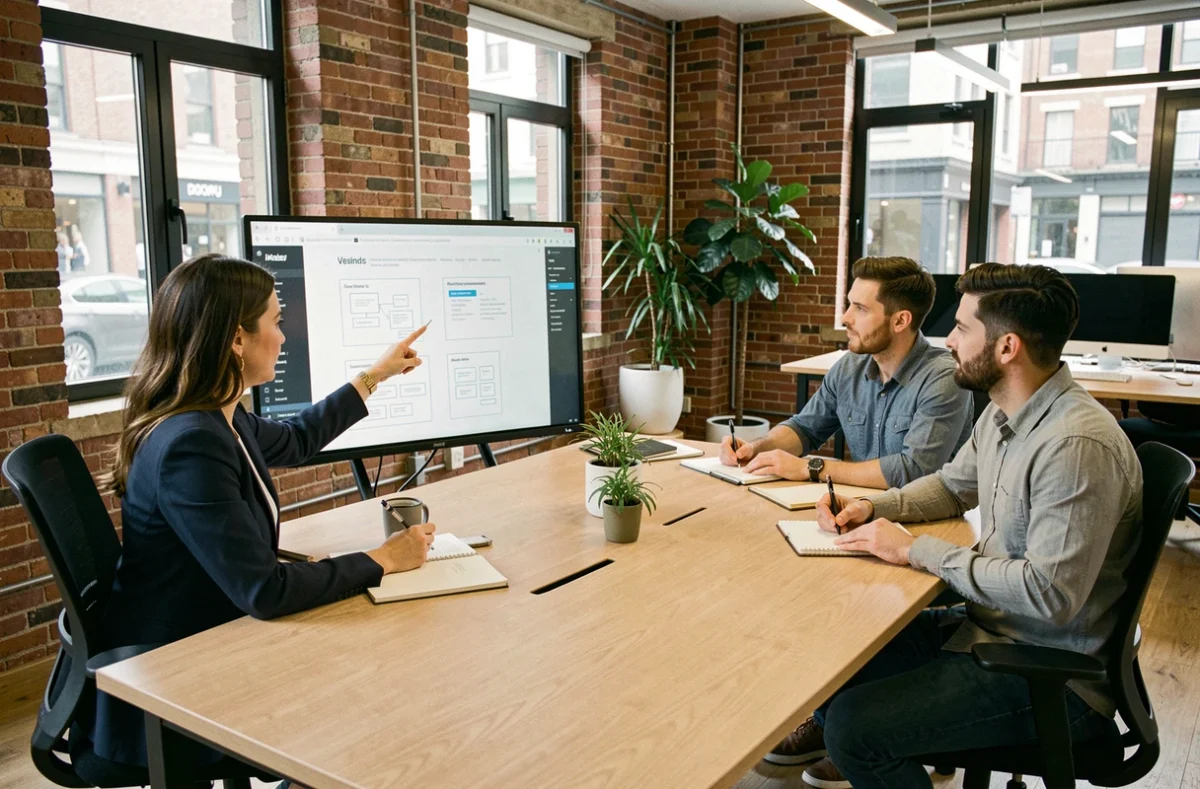 Équipe d'une agence web en réunion autour de wireframes sur écran dans un bureau moderne