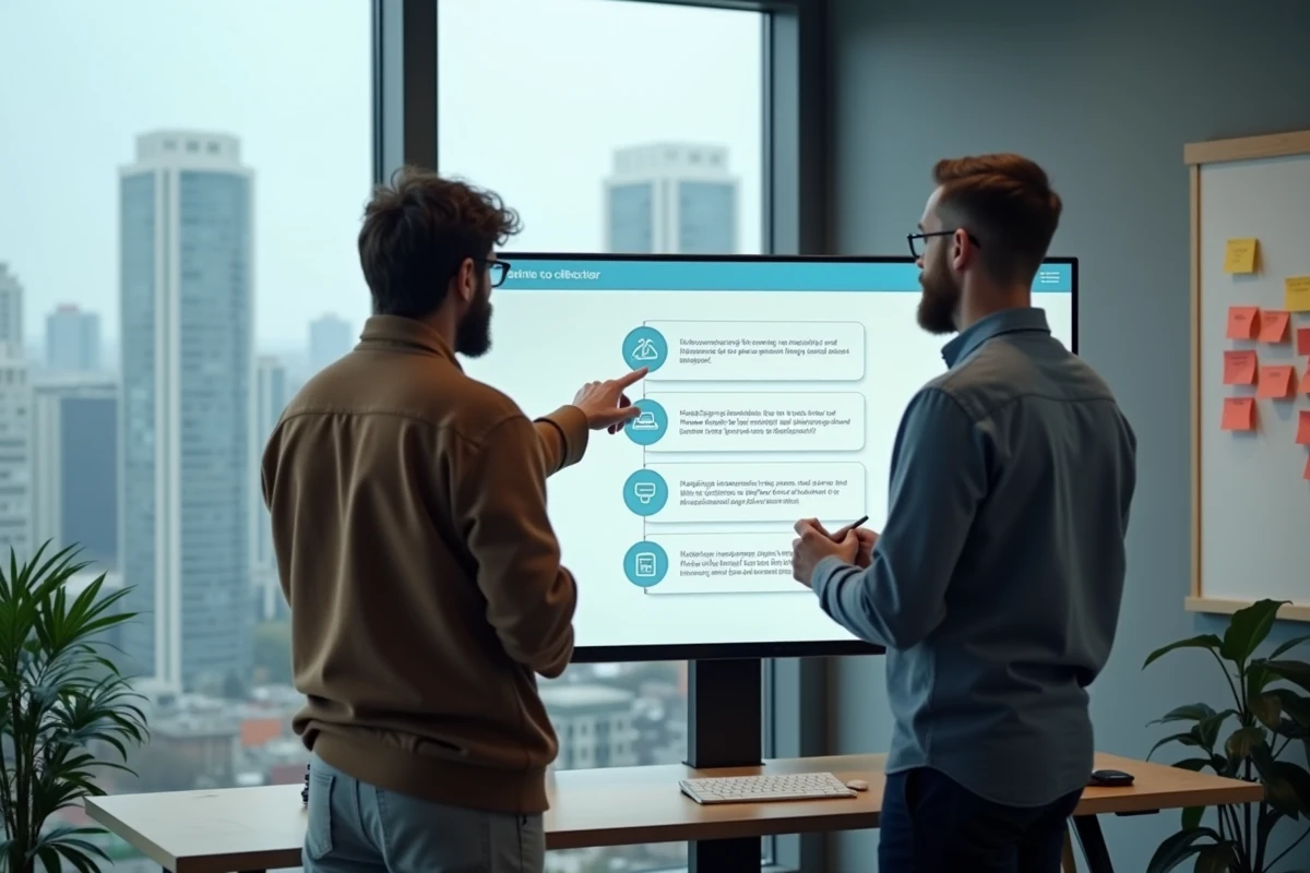 Deux collègues analysant un schéma de flux de conversation livechat avec automatisation IA et points d'escalade humaine