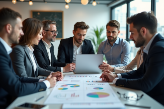 Groupe de professionnels analysant un diagramme des cinq forces