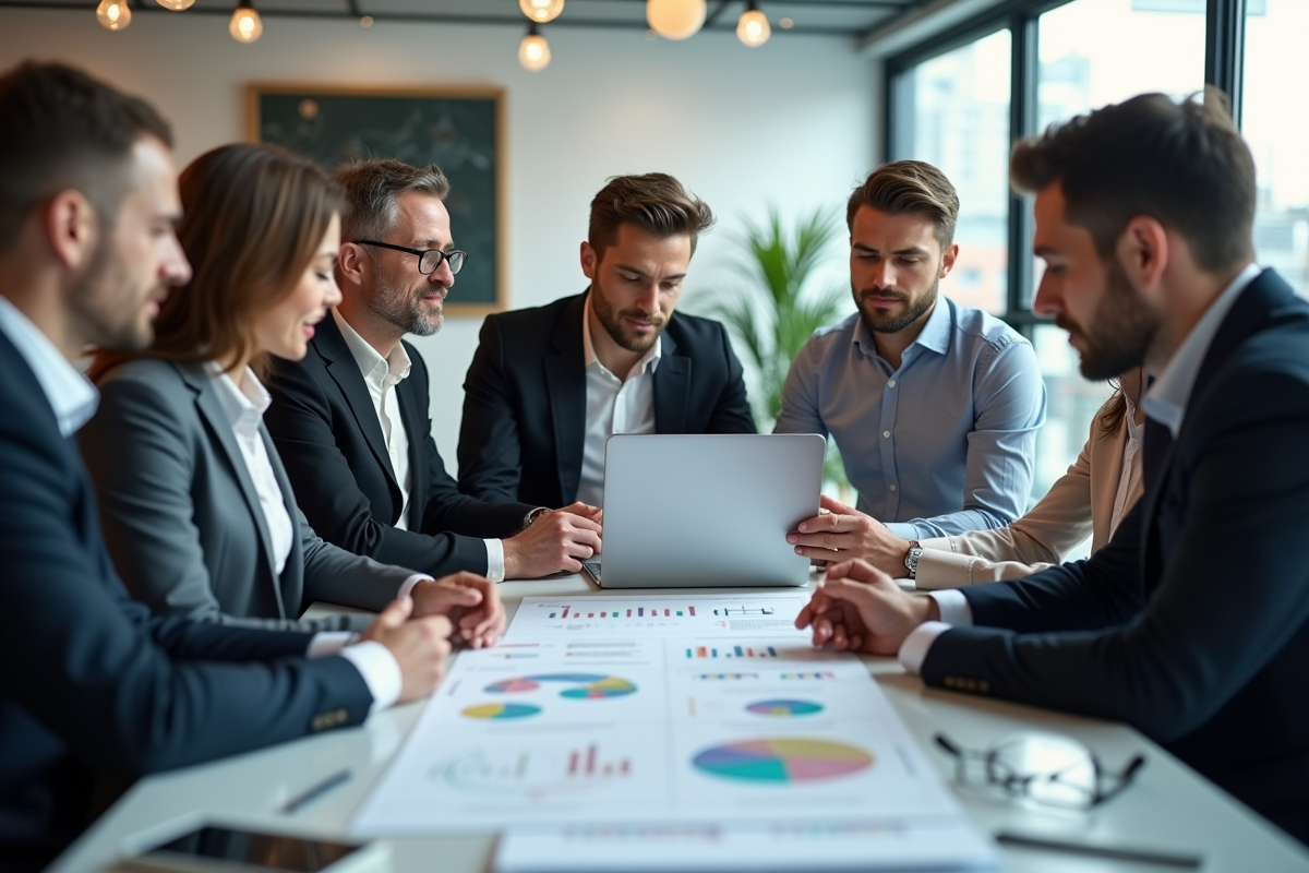 Groupe de professionnels analysant un diagramme des cinq forces