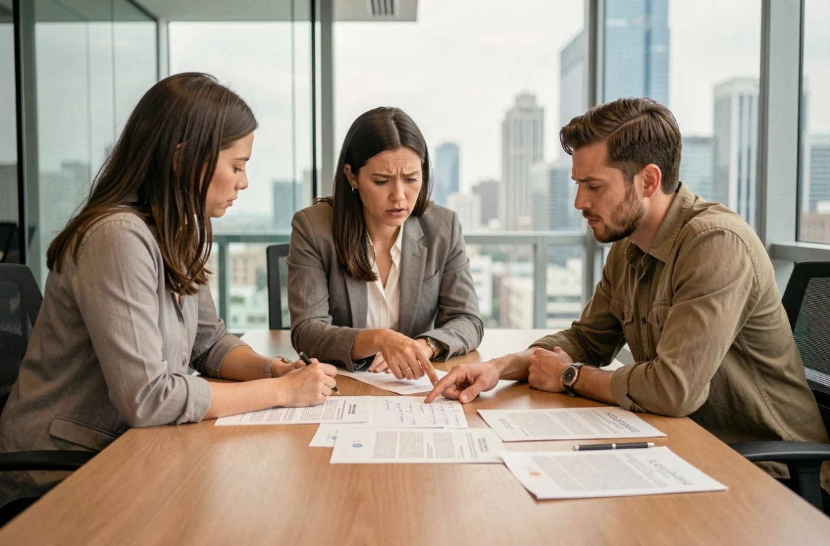 Groupe de professionnels analysant des rapports de plaintes et avis clients en salle de réunion
