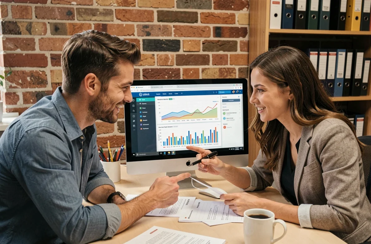 Deux collègues analysant des tableaux de bord et données clients sur un logiciel de gestion en bureau