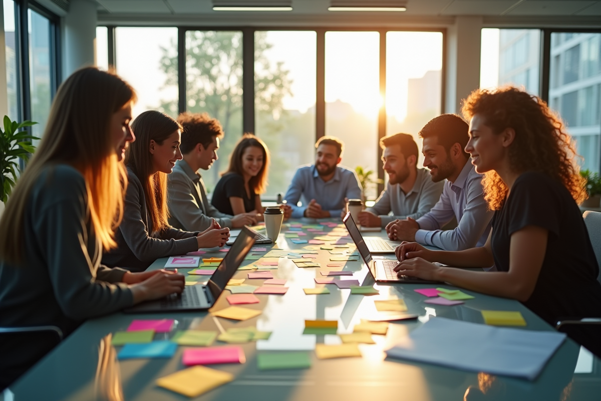 Professionnels en réunion brainstorming dans un bureau moderne