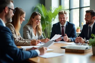 Groupe de collaborateurs en réunion avec cartes CE Loxam