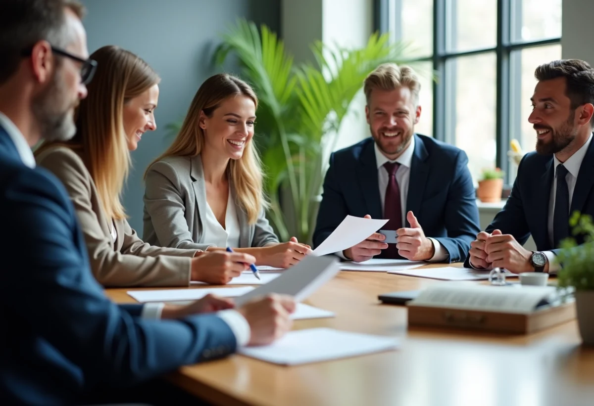 Groupe de collaborateurs en réunion avec cartes CE Loxam