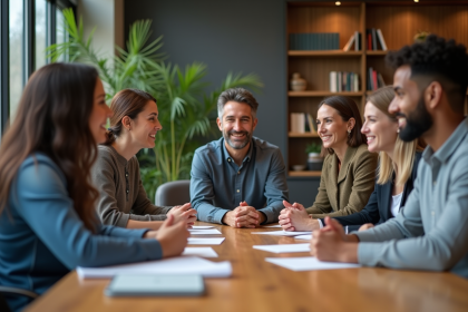 Groupe divers d'employes en discussion dans un bureau moderne