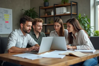 Équipe de professionnels en réunion de travail dans les bureaux de Wyman.fr, autour d'une table moderne avec laptops et documents