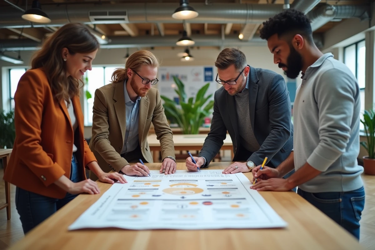 &Eacute;quipe de professionnels collaborant autour d'une feuille de route de sponsorship dans un espace de coworking moderne