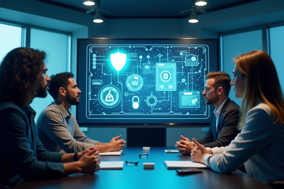 Equipe de professionnels discutant autour d une presentation sur la cybersécurité