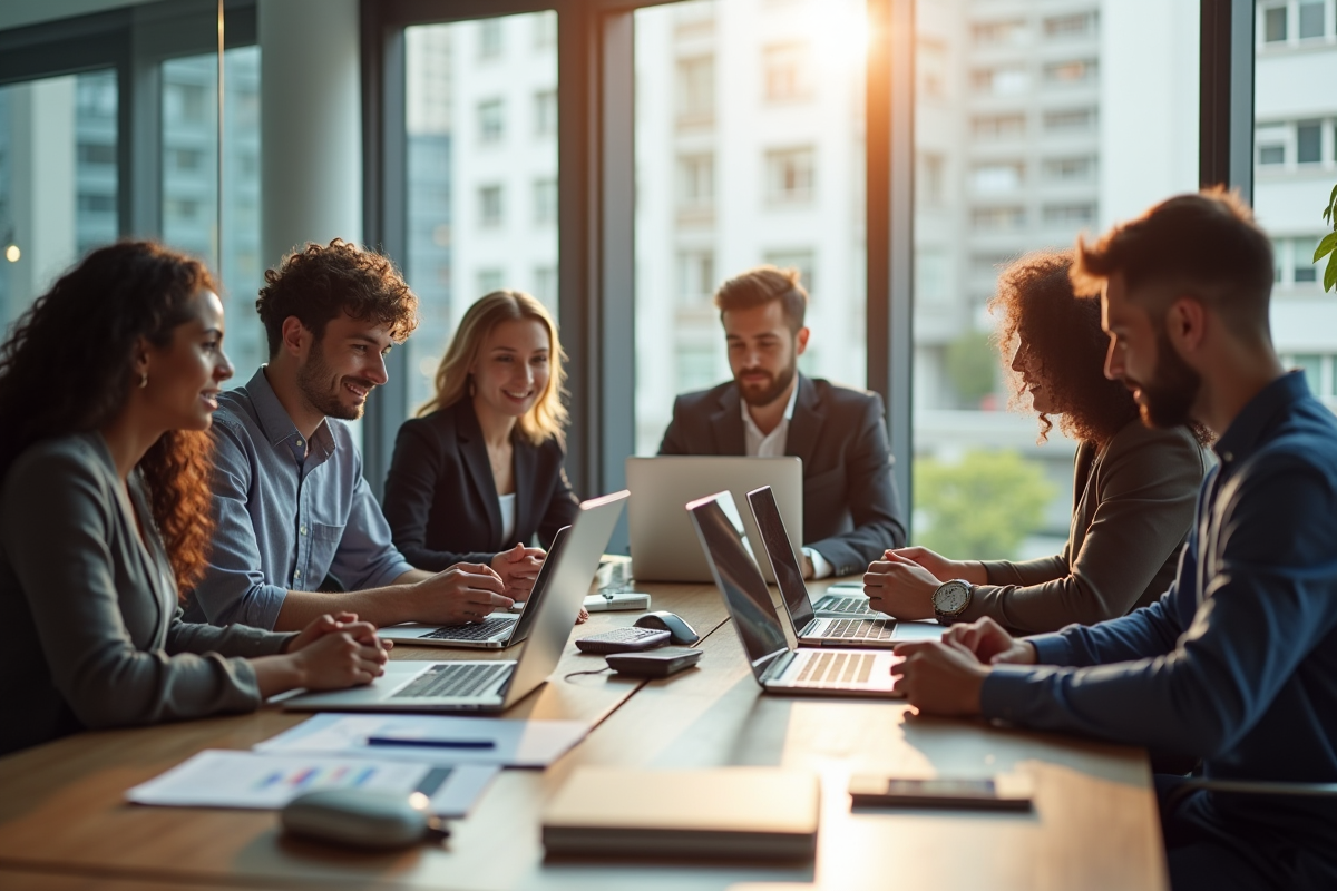 Équipe diverse collaborant autour d'un logiciel CRM en réunion