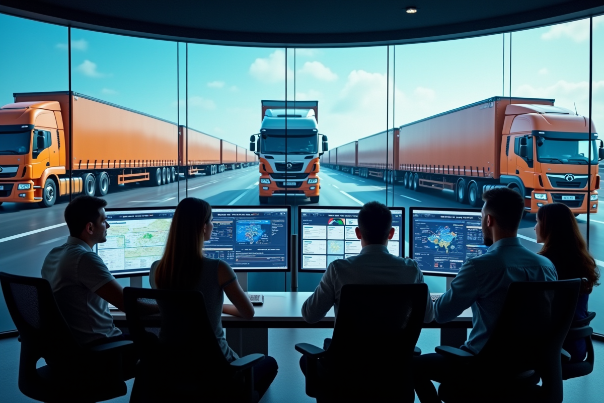 Équipe diversifiée analysant des données de la chaîne logistique sur des écrans