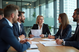 Groupe de professionnels discutant autour d'une table moderne
