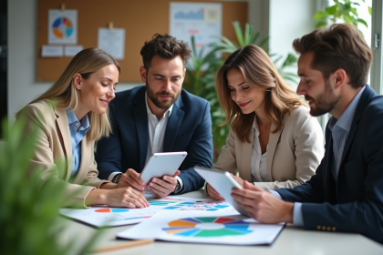 Groupe de six professionnels en réunion d'affaires